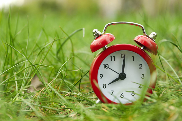 Reloj despertador sobre fondo de hierba verde. Primavera
 - Foto, imagen