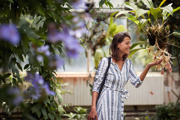 Enjoying nature.Explore garden.Young smiling woman looking flower. - Foto, imagen