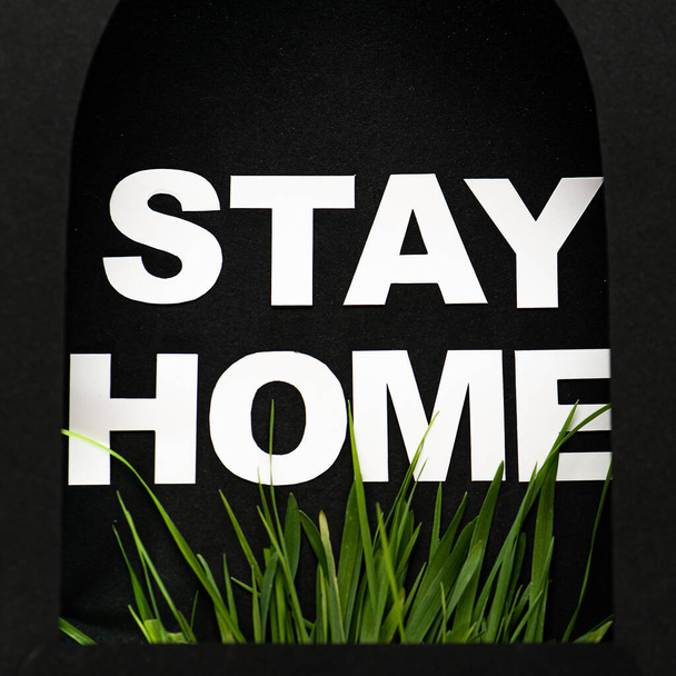 Notfallkonzept. Papierglocke mit der Botschaft "Bleib zu Hause" in der Mitte und grünem Gras darunter. Alles in schwarzen Farben. 3D-Illusion. Nahaufnahme. - Foto, Bild