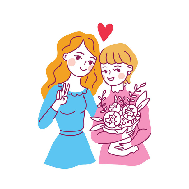 Happy friendship day. Mother and daughter. Doodle kawaii style - Vector, Image