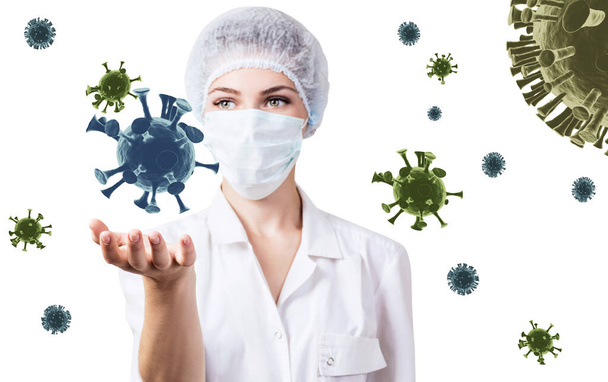 Medico femminile presenta coronavirus cellulare virale tra le cellule virali
. - Foto, immagini