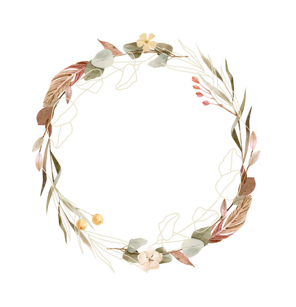 Hand painted Watercolor floral wreath - beautiful boho style. - Fotoğraf, Görsel