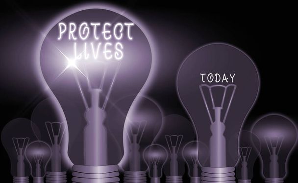 Text sign showing Protect Lives. Conceptual photo to cover or shield from exposure injury damage or destruction. - Photo, Image