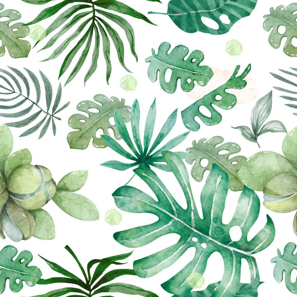 Hand drawn watercolor tropical set. Exotic leaves illustrations, jungle tree, brazil trendy. Perfect for fabric design. Aloha collection. - Zdjęcie, obraz