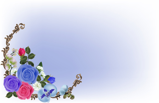 σύνθεση αυξήθηκε και orchid λουλούδια σε μπλε - Διάνυσμα, εικόνα