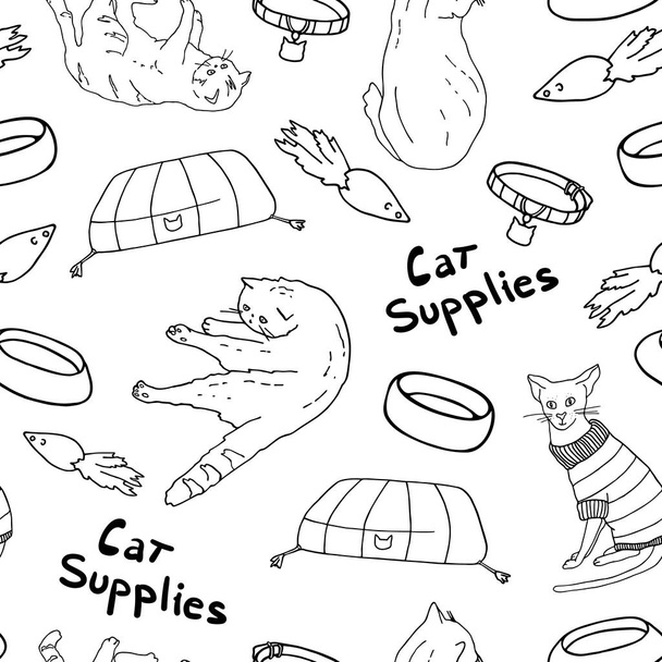 Conjunto de suministros para gatos. Ilustración vectorial colorida dibujada a mano. Salón de mascotas, cuenco, juguete, collar, suéter y gatitos en diferentes poses para la decoración, pancartas, impresión, cattery, veterinario, tienda de mascotas
 - Vector, imagen