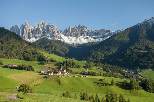 View from the small Italian mountain town of St. Magdalena in Val di Funes - Photo, Image