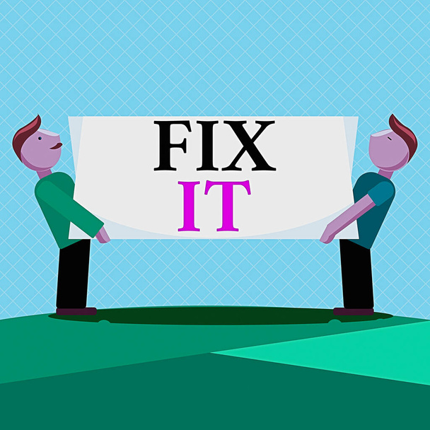 Word writing text Fix It. Business concept for Fasten something securely in a particular place or position To repair Two Men Standing Carrying Rectangular Blank Panel Board on Both Sides. - Photo, Image