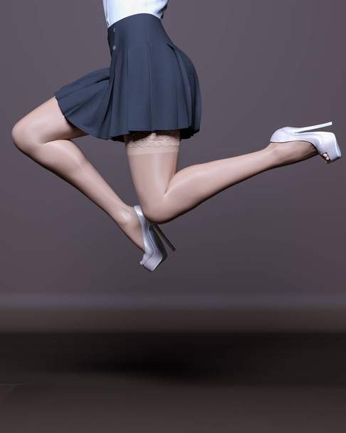 3D Beautiful female legs white stockings skirt dark background.Woman studio photography.High heel.Conceptual fashion art.Seductive candid pose.Render illustration.Summer clothes.Secretary uniform - Valokuva, kuva