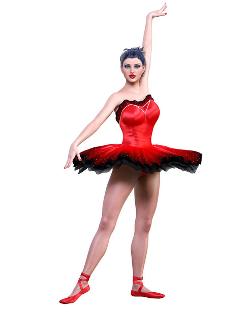 Dancing ballerina.Red ballet tutu.Dark hair girl blue eyes.Ballet street dancer.Studio photography.High key.Conceptual fashion art.3D render isolate illustration. - Фото, изображение