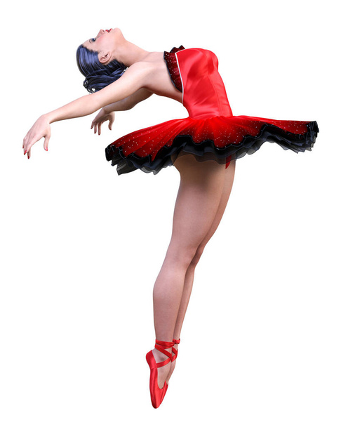Dancing ballerina.Red ballet tutu.Dark hair girl blue eyes.Ballet street dancer.Studio photography.High key.Conceptual fashion art.3D render isolate illustration. - Foto, Bild