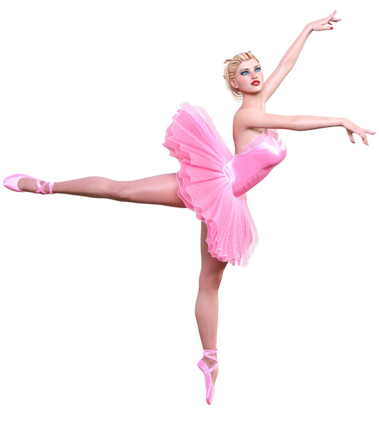 Dancing ballerina.Pink ballet tutu.Blonde hair girl blue eyes.Ballet street dancer.Studio photography.High key.Conceptual fashion art.3D render isolate illustration. - Foto, afbeelding
