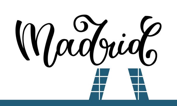 Hand lettering Madrid with a silhouette of falling skyscrapers. Template for card, poster, print. - Vector, Image