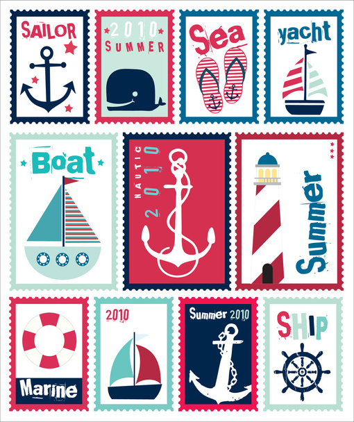 Marine Post Stamps Set - Vector, Image