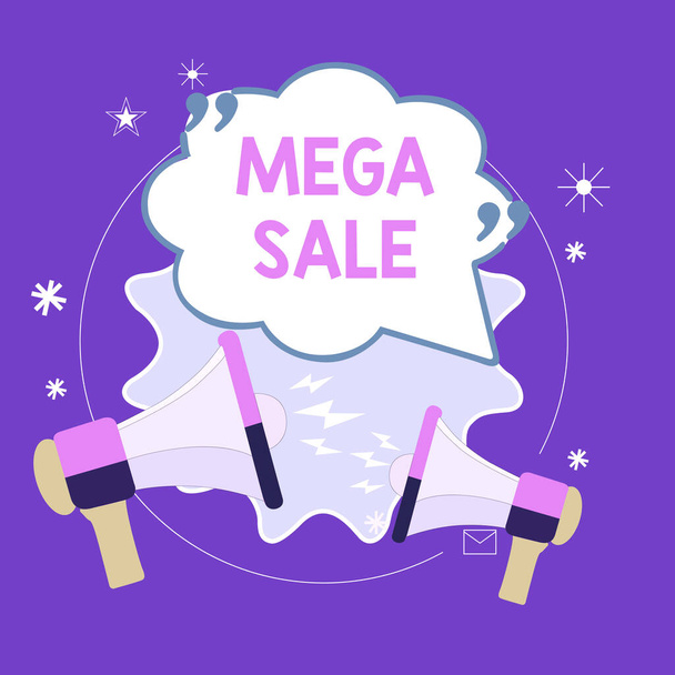 Conceptual hand writing showing Mega Sale. Business photo showcasing The day full of special shopping deals and heavy discounts Blank Speech Bubble with Quotation Mark Megaphones shouting. - Photo, Image