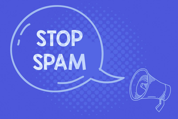 Znak tekstowy pokazujący Stop Spam. Conceptual photo end the Intrusive or Intrusive messages sent on the Internet Blank Transparent Speech Bubble with Shining icon and Outline Megaphone. - Zdjęcie, obraz