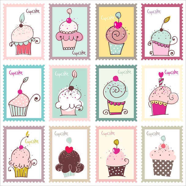 Cupcake Post Stamp Design Set - Vektor, kép