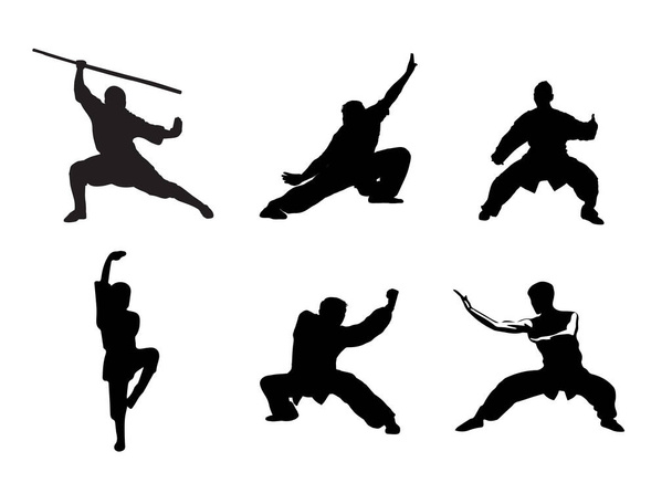 Silhouet van mensen geïsoleerd op witte achtergrond. Wushu, kungfu, Taekwondo, Aikido. Sportposities. Ontwerp elementen en pictogrammen. Vectorillustratie. - Vector, afbeelding