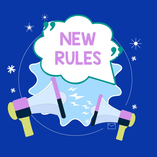 Conceptual hand writing showing New Rules. Business photo showcasing recently one of a set of explicit or understood regulations Blank Speech Bubble with Quotation Mark Megaphones shouting. - Photo, Image
