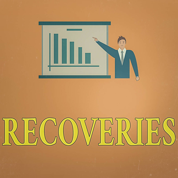 Writing note showing Recoveries. Business photo showcasing process of regaining possession or control of something lost Man in Business Suit Pointing a Board Bar Chart Copy Space. - Photo, Image