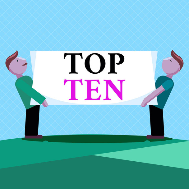 Wortschreibtext Top Ten. Geschäftsidee für die zehn beliebtesten Songs oder Aufnahmen der populären Musik-Charts Zwei Männer, die rechteckige Platten auf beiden Seiten tragen. - Foto, Bild