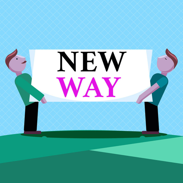 Szövegírás New Way. Üzleti koncepció Egy helyről elmozdulni Változtatni és tenni valamit egy új módon Két férfi áll, akik téglalap alakú üres panelt cipelnek mindkét oldalon. - Fotó, kép
