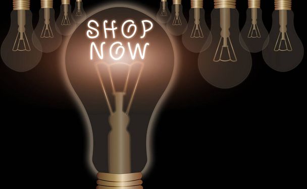 Schrijfbriefje met Shop Now erop. Bedrijfsfoto van de actie of activiteit van het kopen van goederen in winkels of online. - Foto, afbeelding