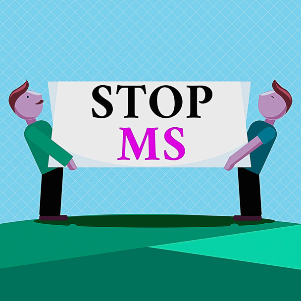 Word írás szöveg Stop Ms. Üzleti koncepció kezelésére a feltétel, amely hatással lehet az agy és a gerincvelő Két férfi álló hordozó Téglalap üres panel fórumon mindkét oldalon. - Fotó, kép