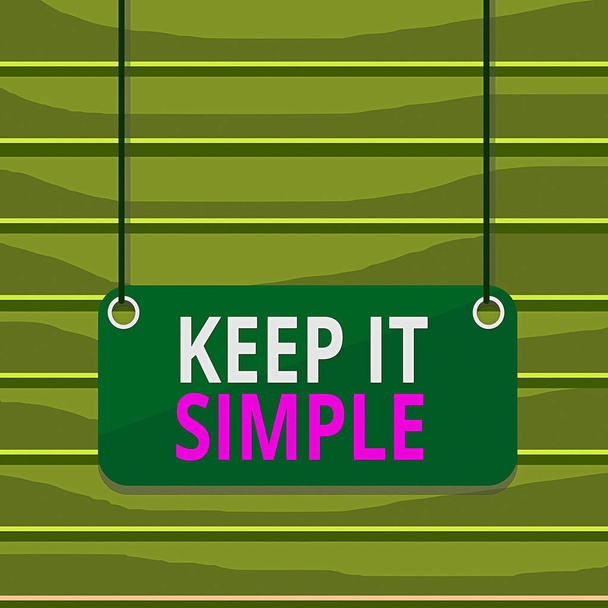Konceptualne pismo ręczne pokazujące Keep It Simple. Biznes zdjęcie tekst zapytać coś łatwego zrozumieć nie idź do zbyt wiele szczegółów Board color tło deska dołączony panel strunowy prostokąt. - Zdjęcie, obraz