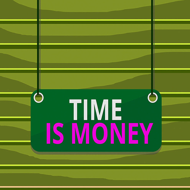Conceptual hand writing showing Time Is Money. Business photo text to do things as quickly as posibble and not to waste time Board color background plank attached string panel rectangle. - Photo, Image