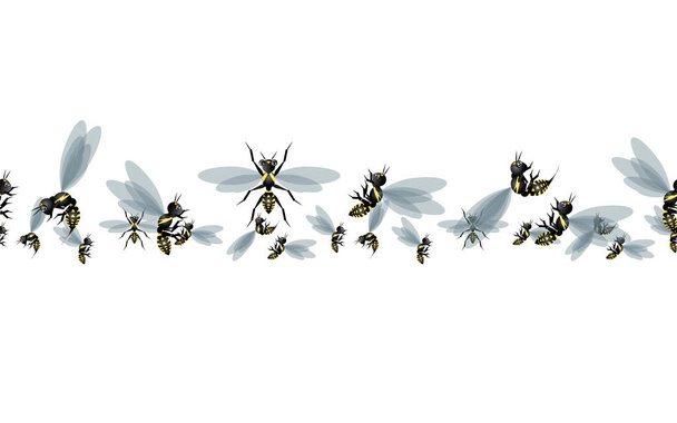 Nahtloses Muster mit Wespen und Blumen. Handgezeichnete Bienenfliege. Niedliche gelbe Wespe auf weiß. Frühling Insekten Hintergrund. Süße Sommer florale Textur für Tapete, Stoff, Druck. Zeichentrickvektorillustration. - Vektor, Bild