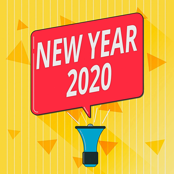 Handwriting text New Year 2020. Concept meaning Greeting Celebrating Holiday Fresh Start Best wishes Megaphone Make Voice Louder Handheld Amplifier and Blank Speech Bubble. - Photo, Image