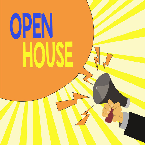 Text sign showing Open House. Conceptual photo a place or situation in which all visitors are welcome to go in Male Hu analysis Hand Holding Megaphone Shouting Yelling and Blank Speech Bubble. - Photo, Image