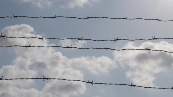 Wire fence barbed with clouds passing at sunset, time lapse - Footage, Video