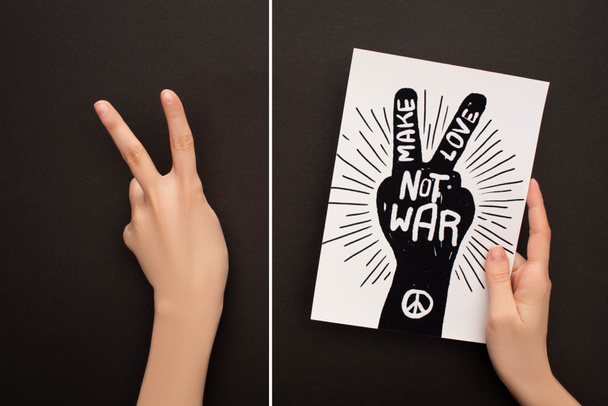 collage of woman showing peace sign and holding white paper with hand drawing and make love not war lettering on black background - Photo, Image