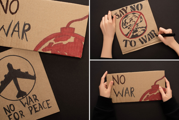 collage of cardboard placards with no war lettering and female hands on black background - Foto, Imagem