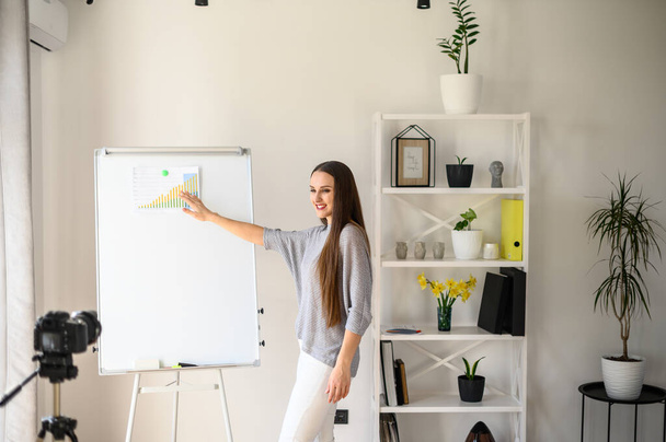 Young woman teacher, tutor in casual wear makes tutorial video on the camera on a tripod indoors. She in a bright room points on charts and diagrams on a flipchart. The concept of online learning - Fotografie, Obrázek