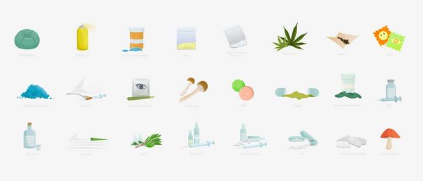Icone di narcotici illustrate a colori. Diversi tipi di farmaci
 - Vettoriali, immagini