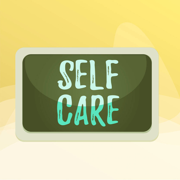 Writing note showing Self Care. Business photo showcasing practice of taking action preserve or improve ones own health Board rectangle white frame empty blank space fixed color surface plank. - Photo, Image