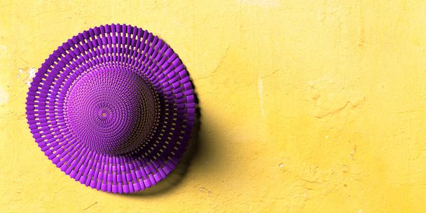 Sommer lila Strohhut auf gelb bemalten Wandhintergrund. Strandkopfzubehör für Sonnenschutz, Kopierraum. 3D-Illustration - Foto, Bild