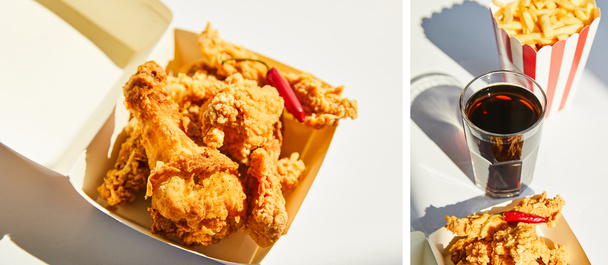 collage of tasty and spicy deep fried chicken with chili pepper and junk food on white table in sunlight - Photo, Image