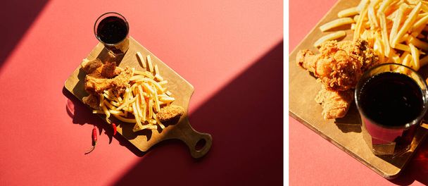 collage of spicy deep fried chicken and french fries served on wooden cutting board with soda in sunlight - Fotografie, Obrázek