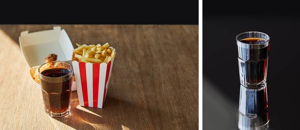 collage di pollo fritto in olio, patatine fritte e soda in vetro su tavolo di legno alla luce del sole isolato su nero
 - Foto, immagini