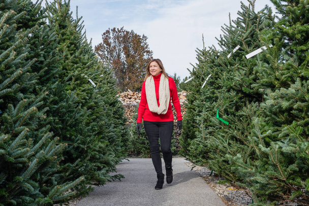 sonriente mujer de mediana edad en busca de un árbol de Navidad recién cortado afuera en el centro del jardín - Foto, imagen
