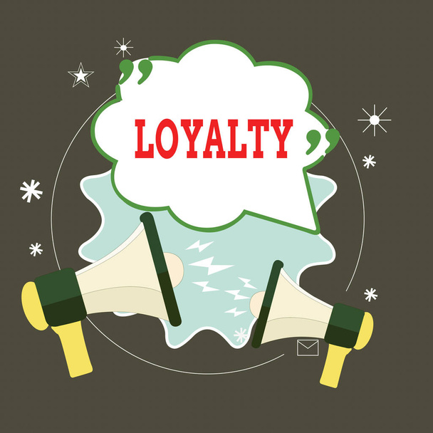 Conceptual hand writing showing Loyalty. Business photo text faithfulness to commitments or obligations Quality of staying firm Speech Bubble with Quotation Mark Megaphones shouting and Arguing. - Photo, Image