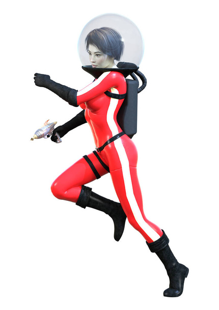 3D rendering of a sceince fiction astronaut woman in a red retro space suit holding a raygun  isolated on white background - Fotó, kép