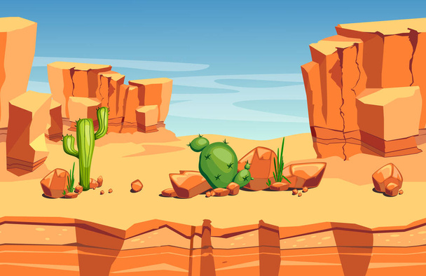 Naadloze illustratie met woestijn landschap en cactussen - Vector, afbeelding