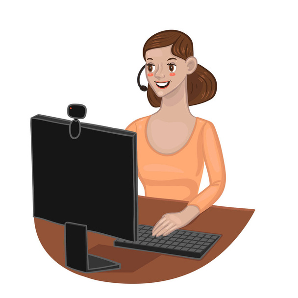 Woman at the computer isolate on a white background. Vector image. - Vector, Image