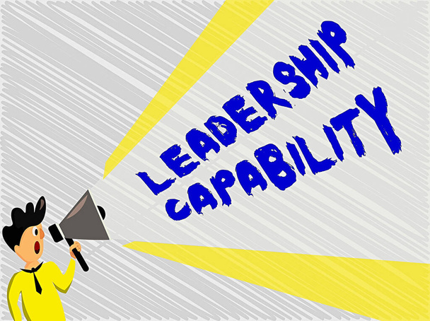 Написання тексту слова Лідерство Можливість. Бізнес-концепція того, що лідер може побудувати потенціал для того, щоб лідирувати ефективно людина говорить тримає мегафон з розширеною потужністю
. - Фото, зображення