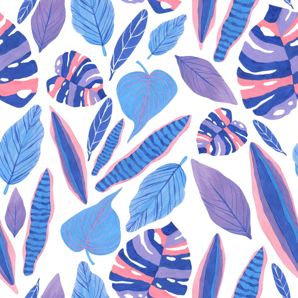 Seamless pattern with tropical gouache leaves in blue and pink colors. High quality hand-drawn - Foto, imagen